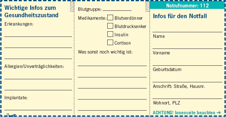 Notfallkärtchen zum Ausdrucken und Einstecken