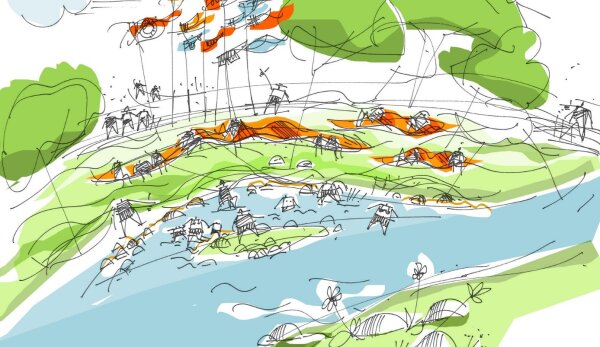 Eine Illustration als Symbolzeichnung für die geplante Interventionsfläche am ehemaligen Flussbad Altchemnitz. Darauf zu erkennen sind Badegäste, welche im Fluss Chemnitz und auf der Wiese verweilen. Dazwischen sind Bäume dargestellt.