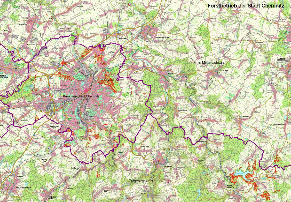 Übersicht über Wälder in Bewirtschaftung des Forstbetriebes der Stadt Chemnitz