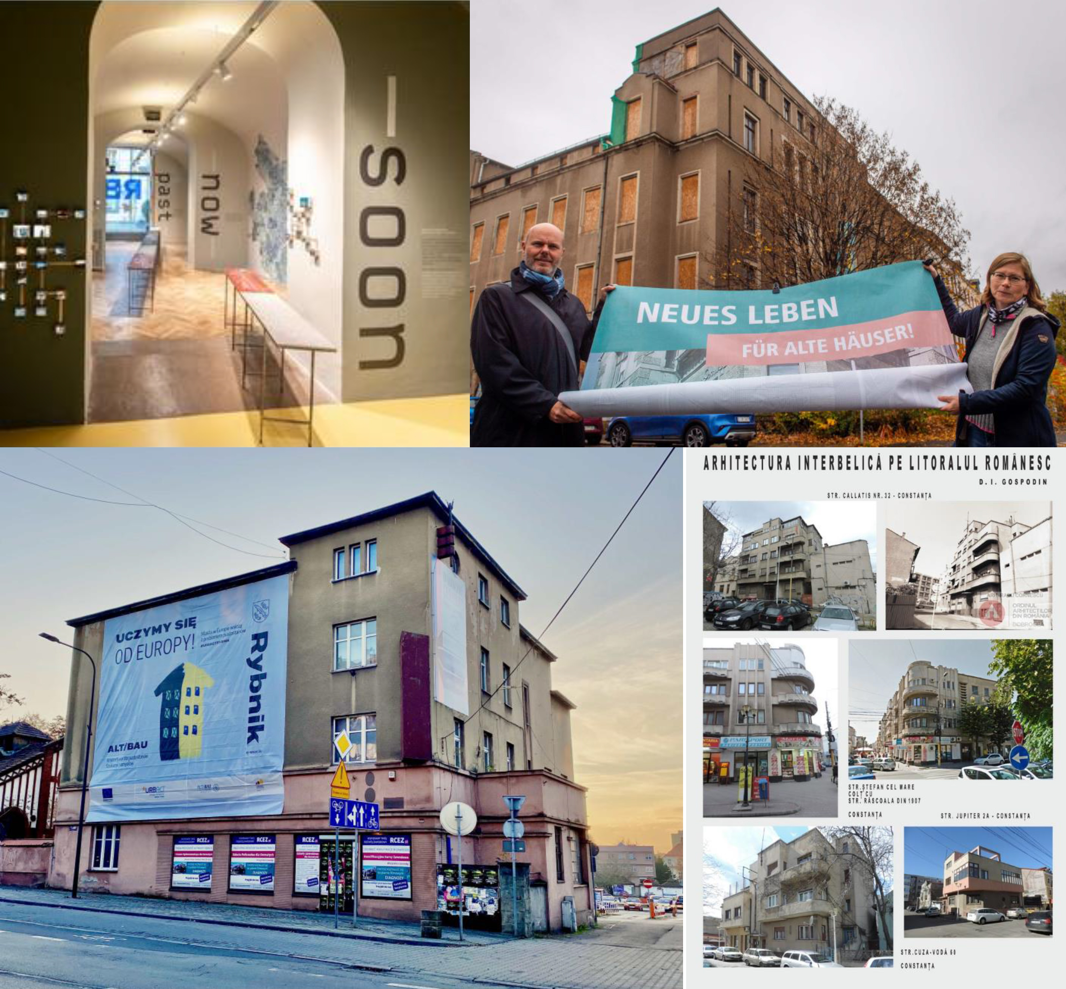 Im Uhrzeigersinn: Ausstellung im URBAN LAB Torino, Start der Kampagne Neues Leben für alte Häuser in Chemnitz, virtuelle Architekturausstellung in Constanta, Agenturobjekt in Rybnik
