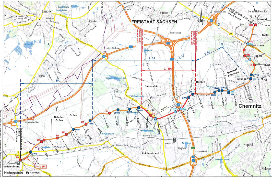 Die Abschnitte des kompletten Radwegs zwischen Wüstenbrand und Küchwald (orange). Rot der Abschnitt 2.1, der jetzt in Angriff genommen wird. 